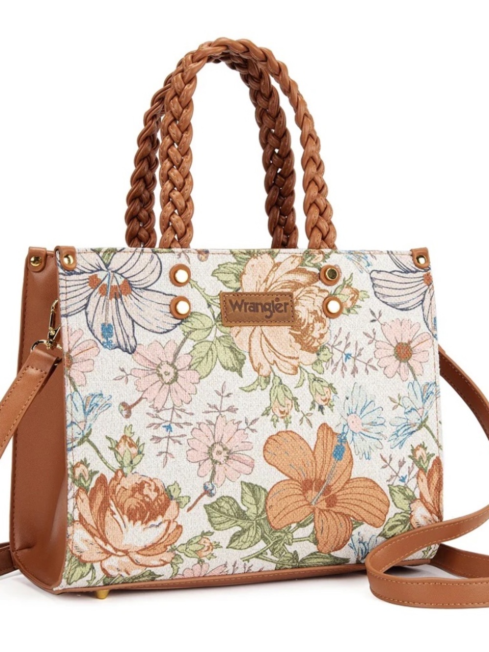Wrangler Floral Print Braided Tote Bag Brown